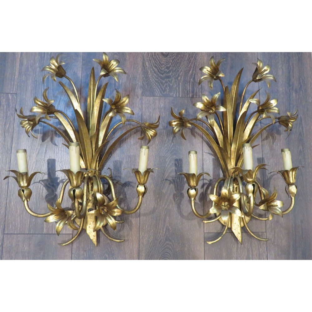 Pair French Hans Kogl Hollywood Regency Gilt Toleware Floral Sconces Calla Lily